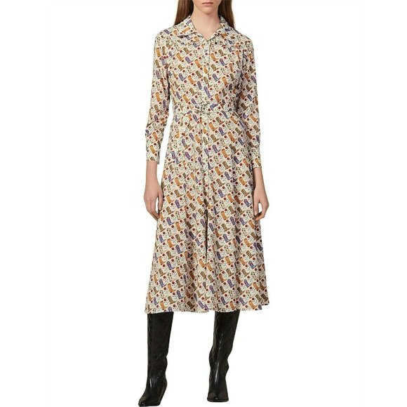 Sandro Cowboy Boot Print Belted Midi Shirt Dress Bootseen Western Cowgirl - Picture 15 of 16
